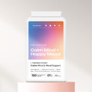 The front of a Calm mind + Happy mood supplement bottle on a peach platform with a white background