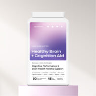 The front of Brain health + cognition aid supplement bottle on a purple platform with a white background