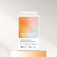 The front of a High strength lion's mane supplement bottle on a orange platform with a white background