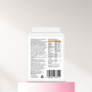 The back of a Focus + Attention aid supplement bottle on a pink platform with a white background