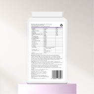 The back of Brain health + cognition aid supplement bottle on a purple platform with a white background