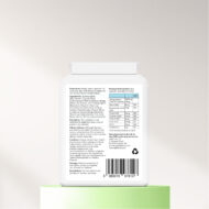 The back of a Ginkgo Biloba + B complex supplement bottle on a green platform with a white background