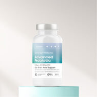 The front of a Advanced Probiotic supplement bottle on a blue platform with a white background