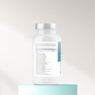 The back of a Advanced Probiotic supplement bottle on a blue platform with a white background