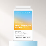 High strength omega three supplement bottle on a blue cylindrical platform with a white background