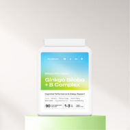 The front of a Ginkgo Biloba + B complex supplement bottle on a green platform with a white background